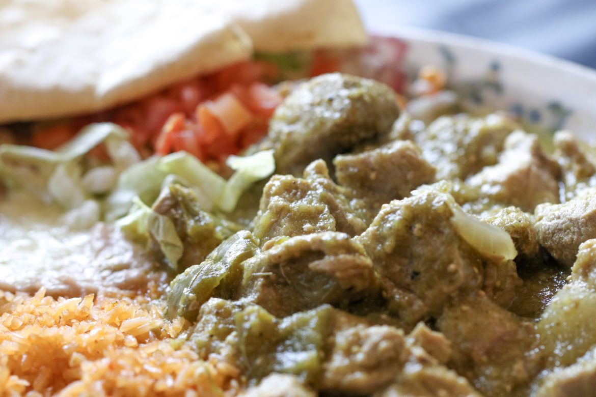 Chile Verde: Pork loin braised in a green tomatillo sauce, green peppers, onion and spices.